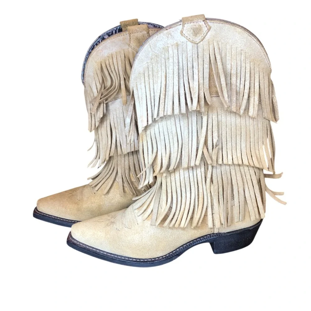 Dingo Tres Fringe Western Boots Womens Size 8 Suede Leather Cowgirl Neutral - Picture 2 of 13